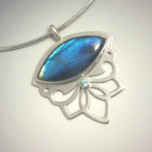 Shocking Blue Labradorite and Blue Zircon Flashy Floral Lotus and Swirl Pendant in Sterling Silver image 1