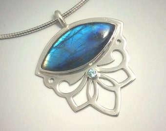 Shocking Blue Labradorite and Blue Zircon Flashy Floral Lotus and Swirl Pendant in Sterling Silver