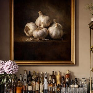 Gift For Chef Kitchen Wall Art Rustic Farmhouse Decor Garlic Still Life Print Moody Food Art Cooking Eclectic Wall Decor