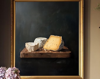 Art mural fromage, peinture alimentaire, oeuvre de nature morte, décoration de cuisine rustique, impression d'art fromage gastronomique, décoration murale de salle à manger, vintage
