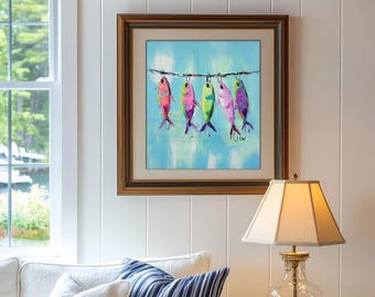 Regalo para inauguración de la casa, arte de pared con peces coloridos, decoración de cabaña costera, impresión cuadrada náutica para sala de estar