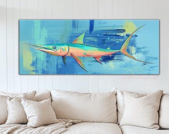 Arte de pared de pez espada, decoración costera moderna, arte de pared para sala de estar oceánica, decoración elegante para casa de playa, arte de lienzo de pez náutico, decoración de pared para el hogar costero