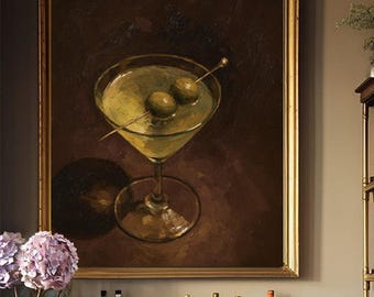 Gift For Housewarming Martini Still Life Cocktail Art Vintage Martini Glass Painting Bar Cart Decor Classic Cocktail Drink