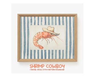 Shrimp Cowboy Cross Stitch Pattern Funny Western Prawn PDF Modern Embroidery Pattern (Instant PDF Download)