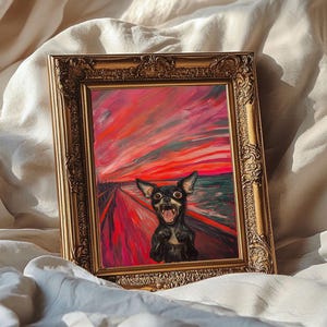 Stampa artistica del cane Chihuahua, paesaggio espressionista senza tempo, arte murale eclettica e colorata, regalo per gli amanti dei cani