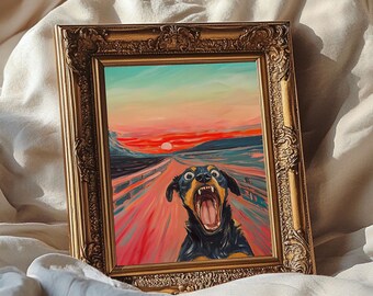 May include: A framed painting of a dog with its mouth open, in the style of Edvard Munch's "The Scream". The painting is set against a background of a sunset with a bright orange sun.