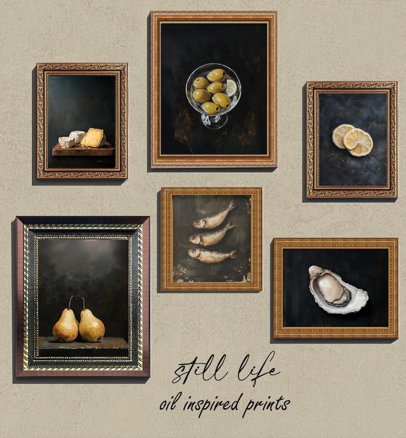 May include: Six framed oil paintings of still life subjects, including olives, cheese, pears, fish, lemons, and an oyster. The paintings are displayed on a beige wall with the text "still life oil inspired prints" below.