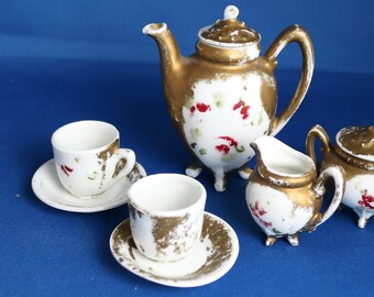 Vintage-Antique-Victorian Doll sized miniature hand painted gold fancy tea set play set