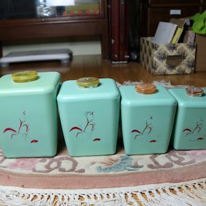Peut inclure: Ensemble de quatre boîtes vintage bleu turquoise avec des couvercles jaunes et des motifs floraux rouges. Les boîtes sont disposées par ordre de taille, de la plus grande à la plus petite.