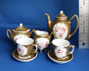 Vintage-Antique-Victorian child's kid miniature hand painted gold fancy tea set play set