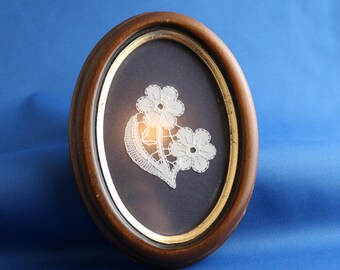 Vintage Slovenian hand made bobbin lace flower framed