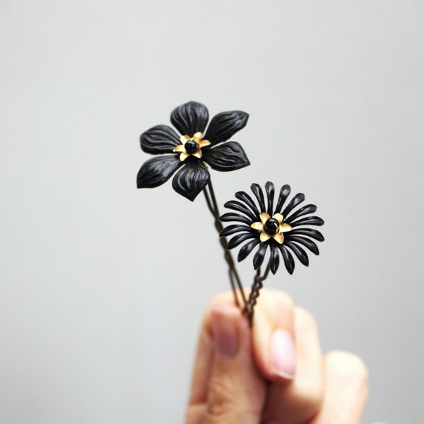 Black flower hair pins set of 2 hairpins floral matte black flower golden flower hair clip hair bun