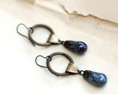 Blue drop earrings artisan porcelain drops brass ring vintage brass hoops
