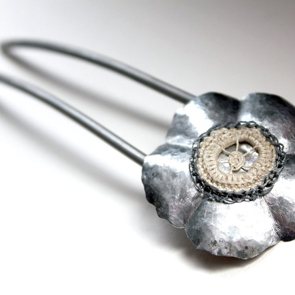 Metal hair fork - poppy flower and lace - last one - handmade embroidery hair pin or shawl pin