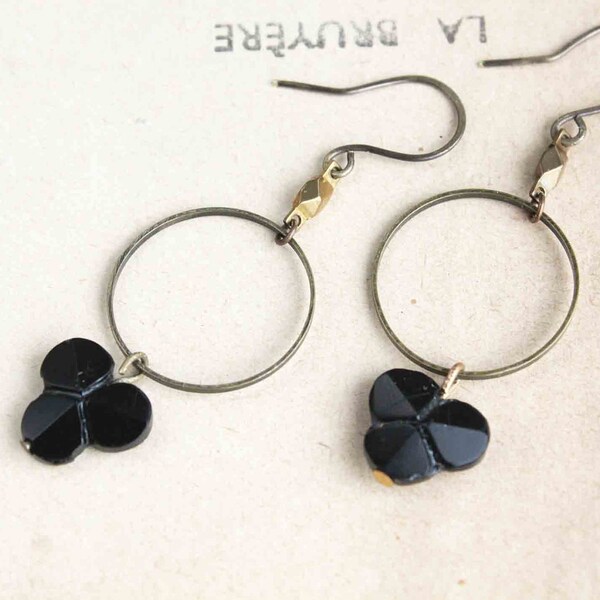 Black shamrock earrings - antique glass bead and salvaged brass material - 3 leaves black clover