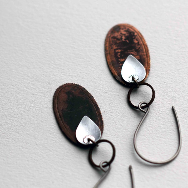 Copper drops earrings aluminum silver leaves upcycled metal minimalistic urban ecofriendly