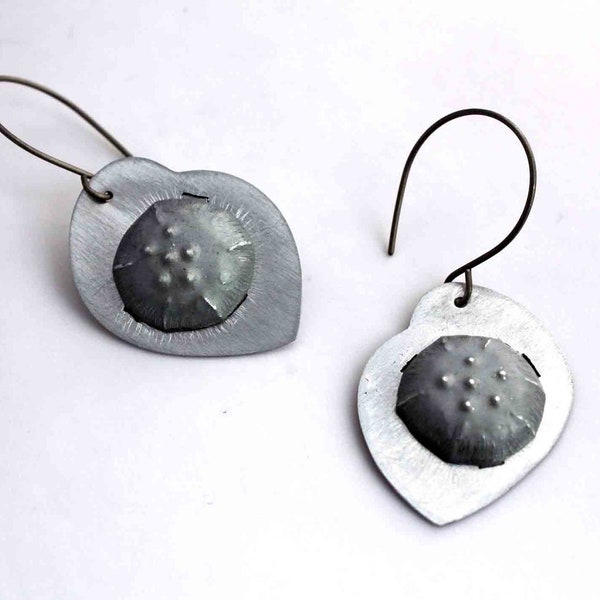 Sea Urchin earrings - metalwork - upcycled aluminum - matte and textured - titanium color