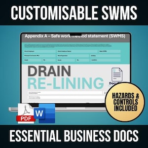 May include: A customizable safe work method statement (SWMS) template for drain re-lining projects. The document is available in PDF and Word format. The template includes a section for hazards and controls.
