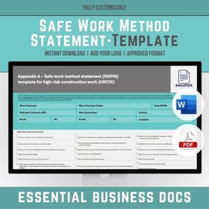 May include: A blue and white template for a safe work method statement (SWMS) for high-risk construction work (HRCW). The template includes sections for direct employer, principal contractor, work supervisor, activity, location, and date. The template is available for instant download and includes a logo placeholder.