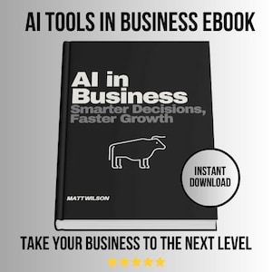 Peut inclure: Couverture d'ebook noir et blanc avec le titre "AI in Business: Smarter Decisions, Faster Growth" et une silhouette de taureau. Le texte "Téléchargement instantané" est dans un cercle blanc dans le coin inférieur droit de la couverture.
