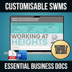 Puede incluir: Una plantilla de Declaración de Método de Trabajo Seguro (SWMS) personalizable para trabajos de construcción de alto riesgo, titulada "Trabajar en altura". El documento está disponible en formatos PDF y Word. Se incluyen los peligros y los controles.