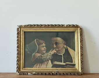 Antique Framed Victorian Chromolithograph Print of Grandmother and Child | Ornate Gilt Gesso Frame