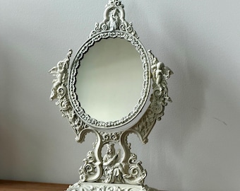 Antique Cast Metal Cherub Vanity Mirror, Ornate Rococo Revival Tabletop Mirror