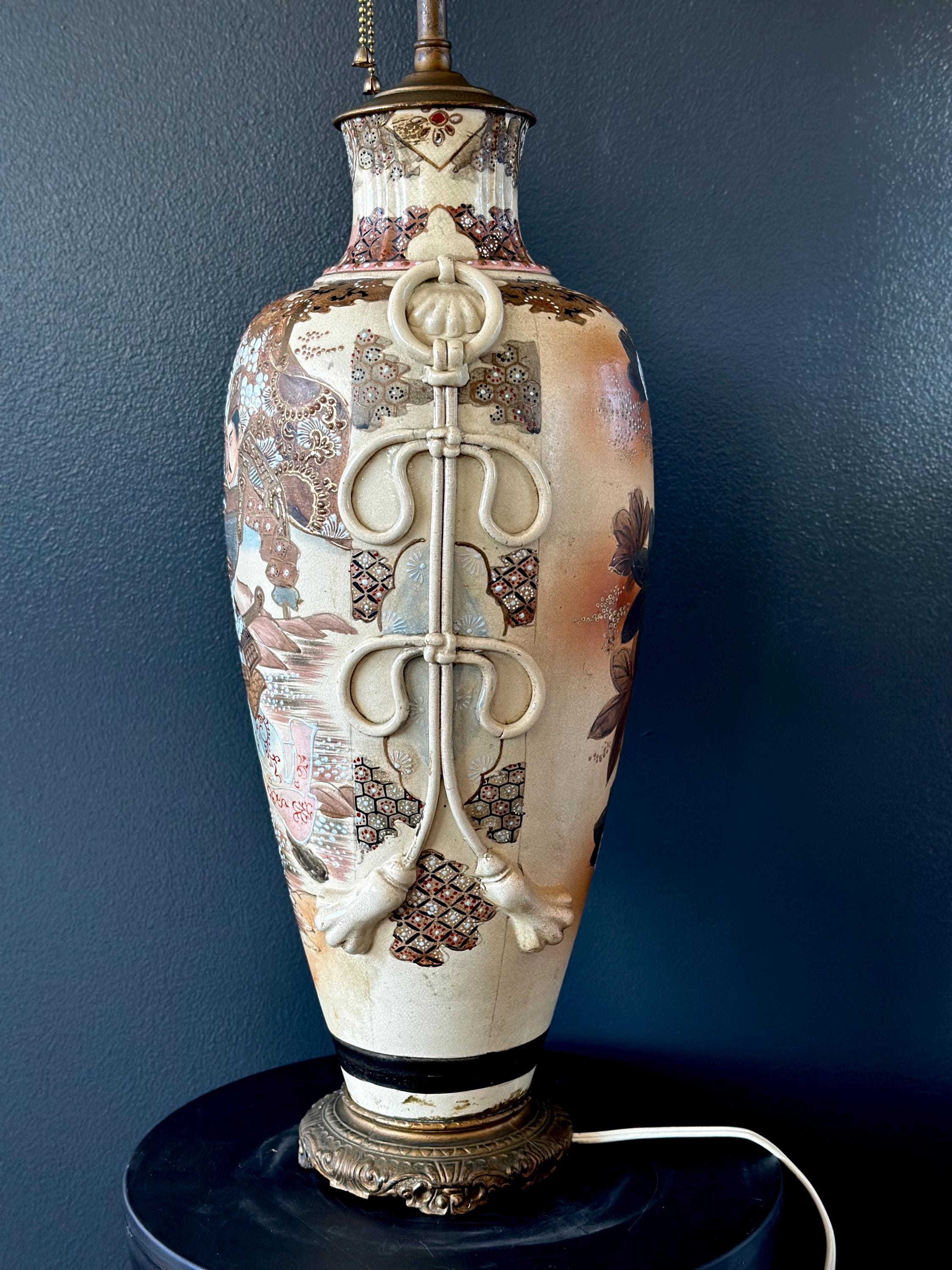 Antique Japanese Satsuma-style Samurai Vase Lamp – Hand-painted