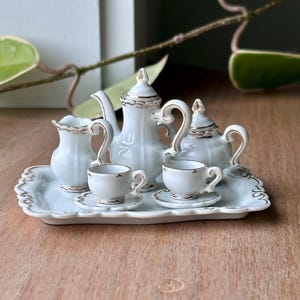 Vintage Miniature Porcelain Coffee Set – Made in Japan – White with Gold Trim – Dollhouse Size