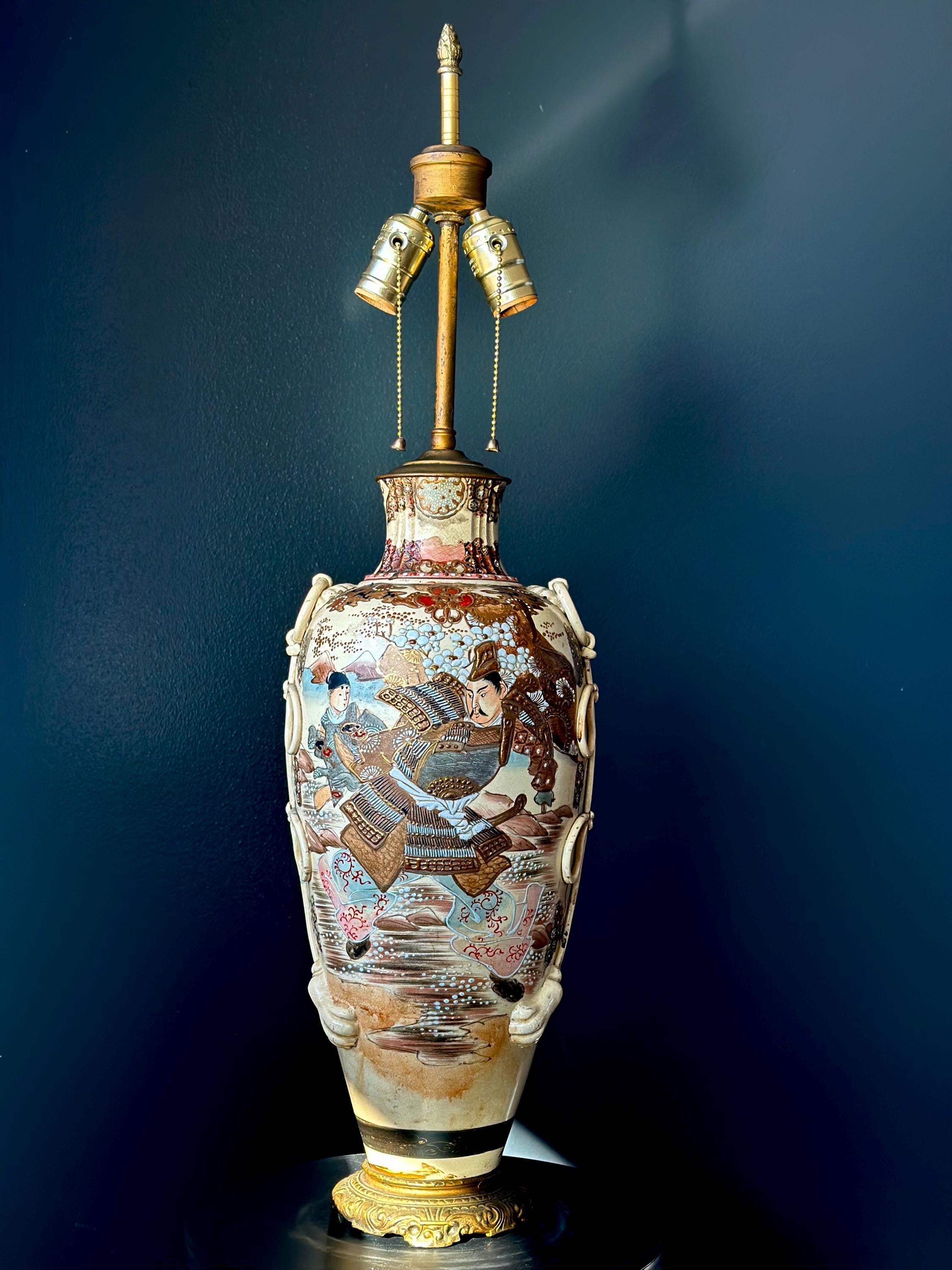 Antique Japanese Satsuma-style Samurai Vase Lamp – Hand-painted