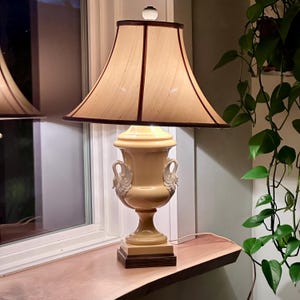 Antique French Porcelain Swan Handle Lamp – Pale Yellow Urn Table Lamp with Shade & Ornate Brass Base