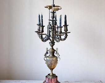 Antique Electric Brass Candelabra Lamp with Red Marble Base
