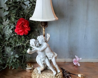 Vintage Porcelain Cherub Table Lamp with Fabric Shade | Romantic European Style