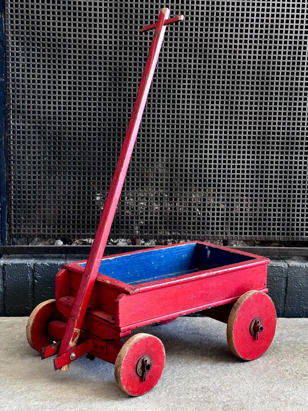 Antique Wooden Red & Blue Children's Wagon – Vintage Pull Cart With ...