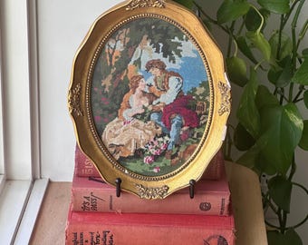 Vintage Framed Victorian Needlepoint in Gold Gilt Frame