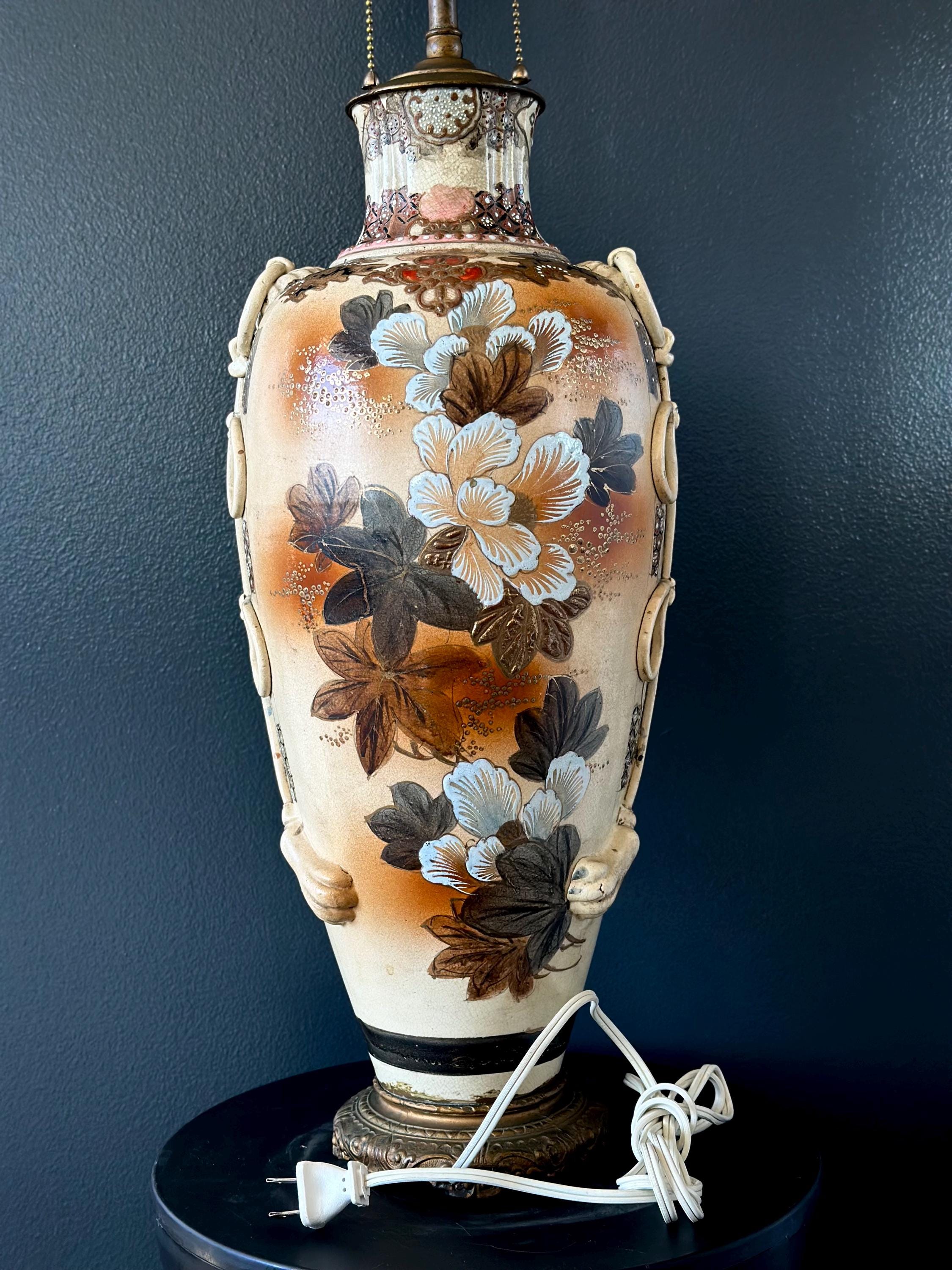 Antique Japanese Satsuma-style Samurai Vase Lamp – Hand-painted