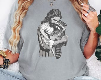 Funny Raccoon & Jesus Graphic Tee: Christian Gift