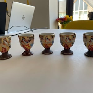 Vintage Lot of 5 Satsuma Japan Porcelain Sake Cups – Hand-Painted Traditional Japanese Drinkware – Collectible Art