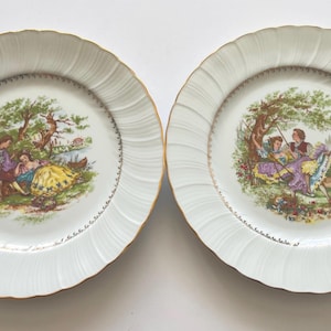 B&C Limoges France Porcelain Plates – Fragonard Reproduction – Hand-Painted Style – Set of 2 Vintage Decorative Collector Plates