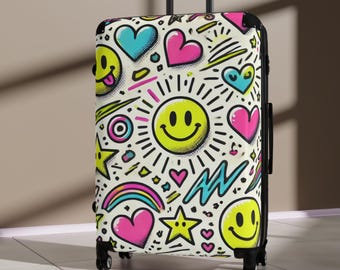 Colorful Smile Face Carry-On Luggage, Travel Suitcase with Fun Design, Trendy Baggage for Vacation, Great Gift for Adventurers, Funny Cute