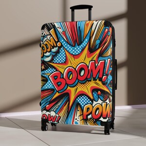Comic Style "BOOM" Suitcase, Travel Luggage, Pop Art Cabin Bag, Vibrant Suitcase for Vacations, Unique Travel Accessory in Cartoon
