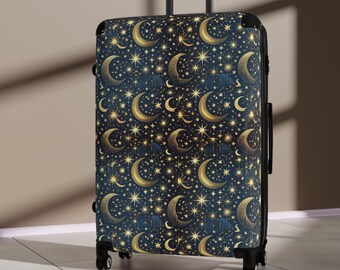 Celestial Nightsky Pattern Suitcase - Cosmic Travel Luggage, Astrology Gift, Vintage Moon Design, Starry Traveler Bag in Bohemian Accessories