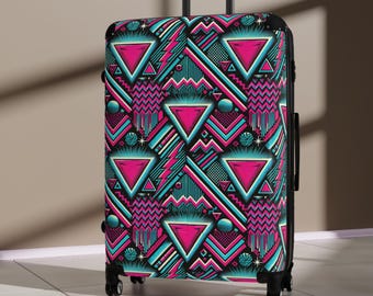 Vibrant Suitcase with Geometric Design, Travel Gear, Unique Luggage, Stylish Carry-On for Vacation, Gift for Travelers, Journeys with Friend