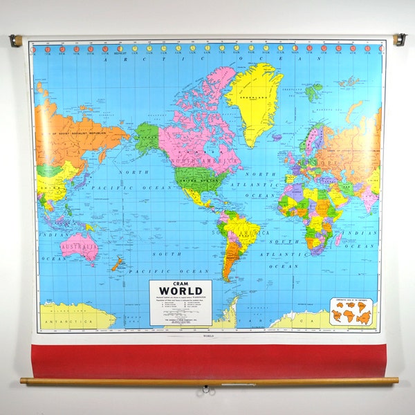 Vintage Crams Large Pull Down World  Map / World School Wall Map