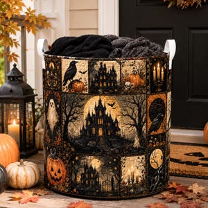May include: A cylindrical fabric storage basket featuring a quilted pattern with various Halloween-themed illustrations including a haunted mansion, pumpkins, ravens, ghosts, and candelabras. The basket has two white side handles and contains dark fabric.