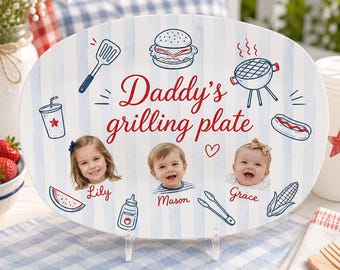 Personalized Daddy’s Grilling Plate, Custom Baby Face Father’s Day Plate, BBQ Dad Gift, Kids Photo Plastic Serving Platter Keepsake for Dad