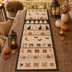 May include: A rectangular fabric table runner featuring a patchwork design with seasonal motifs including orange pumpkins, black cats, white ghosts, bats, crescent moons, and multi-colored stars on a cream background with a dark border.