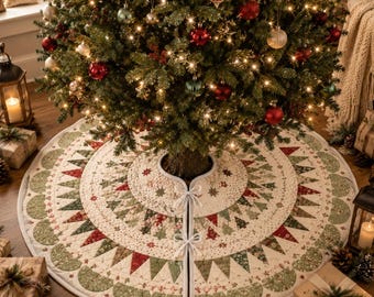Quilted Christmas Tree Skirt, Patchwork Xmas Tree Skirt, Vintage Red Green Holiday Decor, Farmhouse Xmas Tree Base Cover, Rustic Tree Skirt