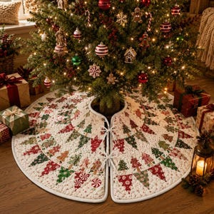 May include: A circular quilted Christmas tree skirt featuring a repeating pattern of red and green fabric trees, gingerbread figures, and peppermint candies on a cream background, secured with white fabric ties at the centre opening.