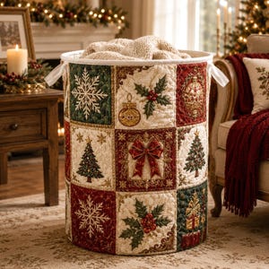 May include: A cylindrical fabric laundry hamper featuring a quilted patchwork design with festive holiday motifs including snowflakes, Christmas trees, holly berries, ornaments, and red bows in a colour palette of cream, deep red, and forest green.